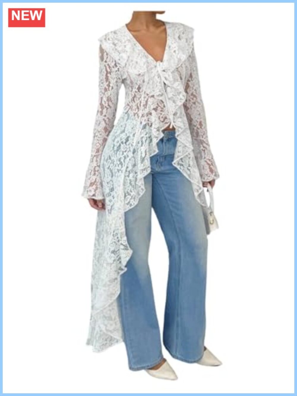 Floral Lace Ruffle High Low Blouse Long Sleeve V Neck Tie Front Top